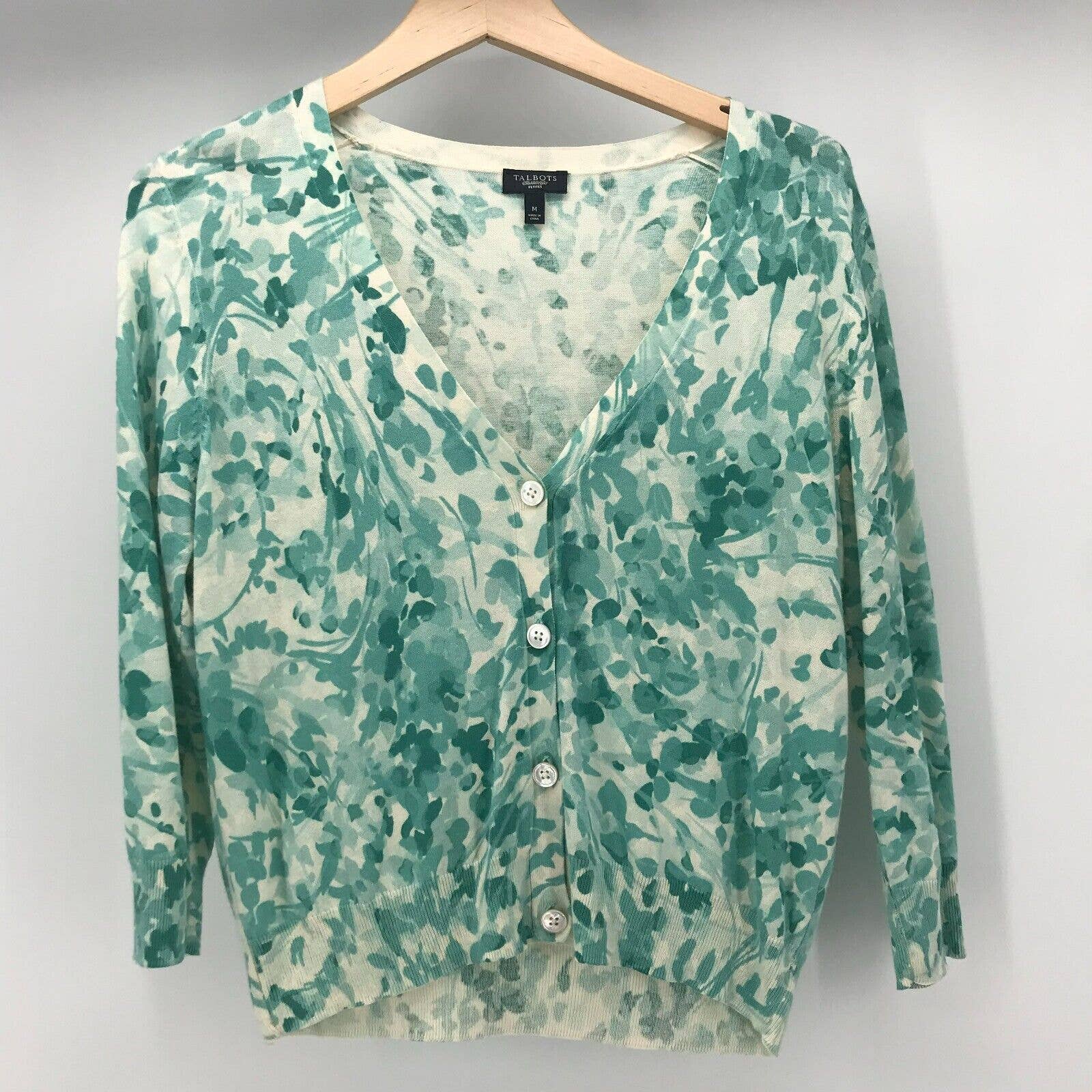 Talbots Sweater Womens Medium Petite Green Ivory Floral V Neck 3/4 Sleeve As Is